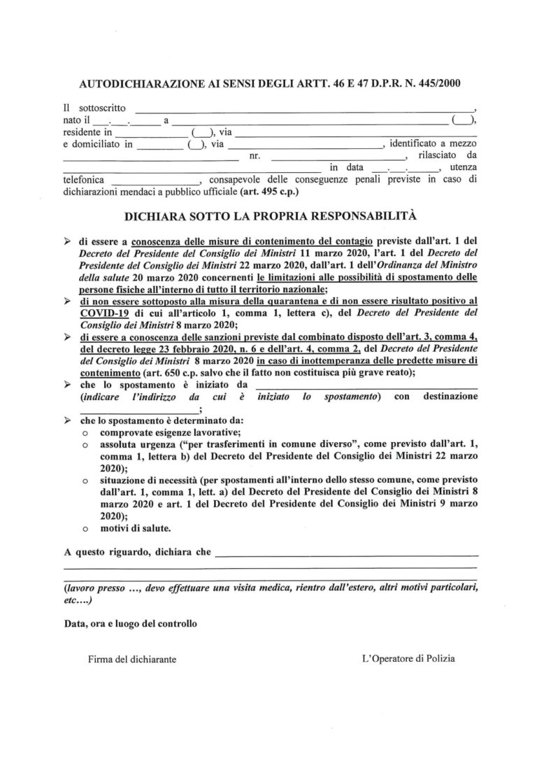 Coronavirus: Autodichiarazione Ai Sensi Degli Artt. 46 E 47 D.P.R. 445/ ...